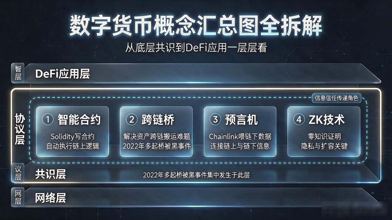 数字货币概念汇总图全拆解：从底层共识到DeFi应用一层层看